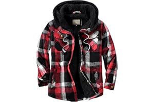 Shawnda Men's Sherpa Hooded Flannel Jacket Cotton Button Down Shirt Jacket Plaid