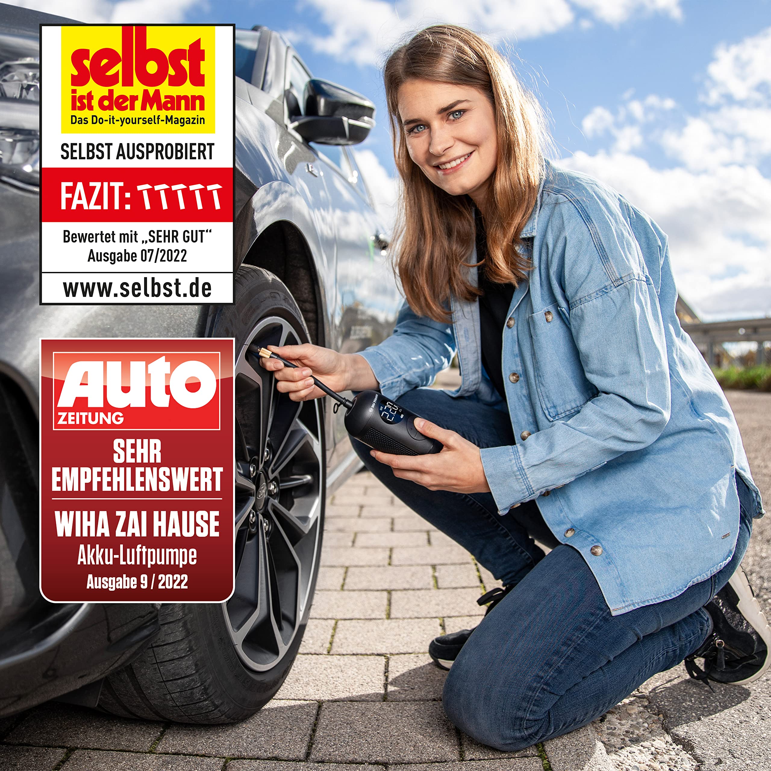 Wiha zai Hause Elektrische Luftpumpe für Fahrrad & Auto mit Akku 3,7 V inkl. Adaptern für Motorrad/Ball/Rad/Kfz bis zu 10 bar/150 psi I Mobiler Kompressor mit LED-Ringlicht I Fahrradluftpumpe tragbar 6