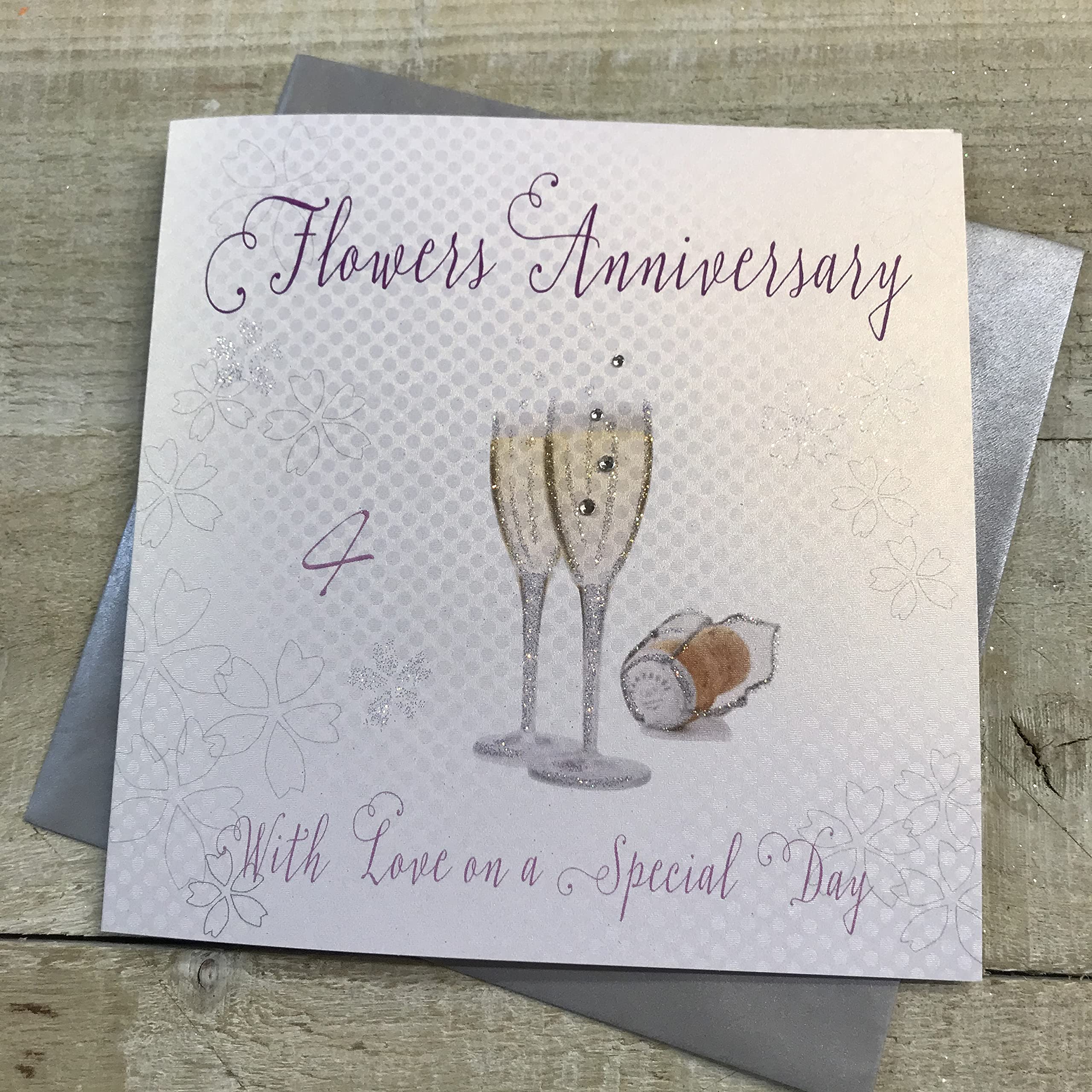 white cotton cards Champagne Glasses Flowers Anniversary Handmade 4th Anniversary Card, White, WA4