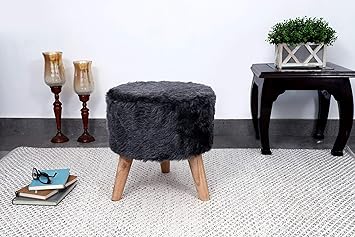 CHOPRA INTERNATIONAL Faux Fur Round Foot Stool Ottoman, 3 Wooden ice-Cream Cone Legs, 44x44x45 cm, Living Room Bedroom Footstool (Dark Grey, Pack of 1)
