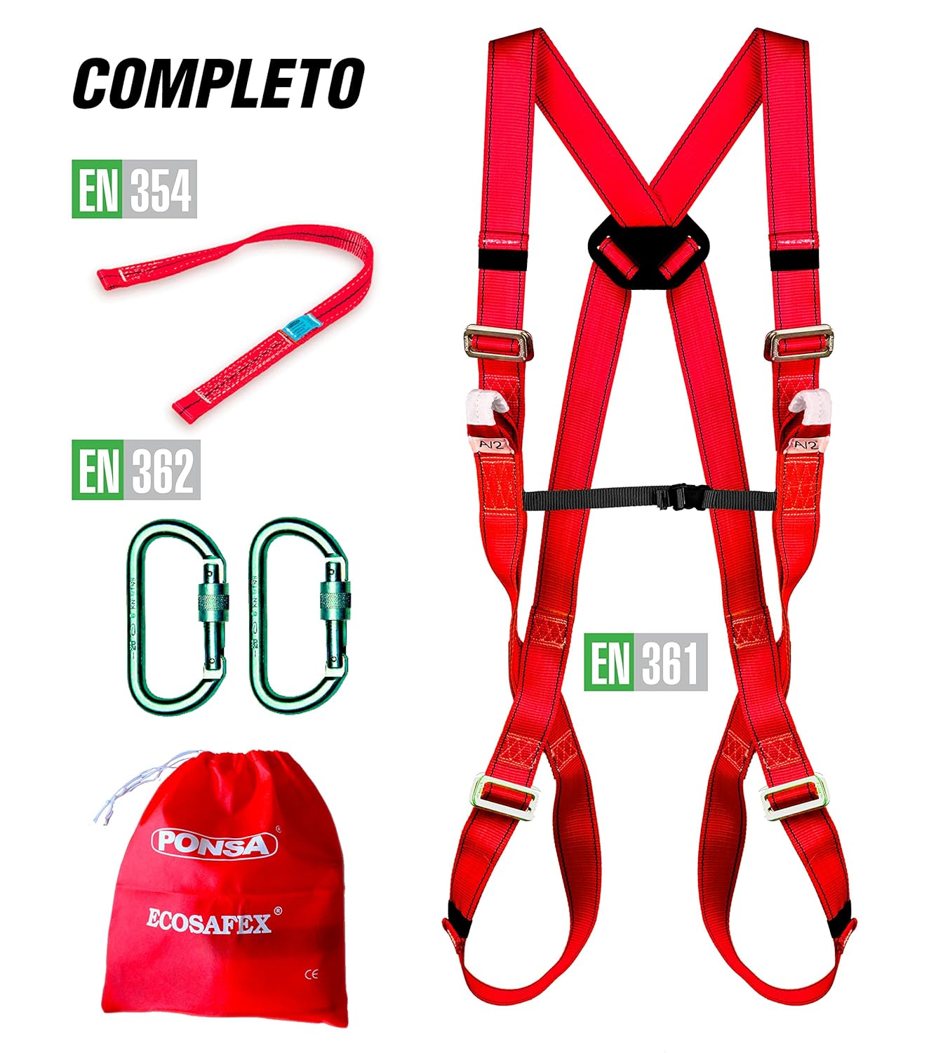 PONSA. KIT BASICO ANTICAIDAS CGPK7: Arnés (2 puntos anclaje) + elemento de Amarre + 2 mosquetones. 031053001813