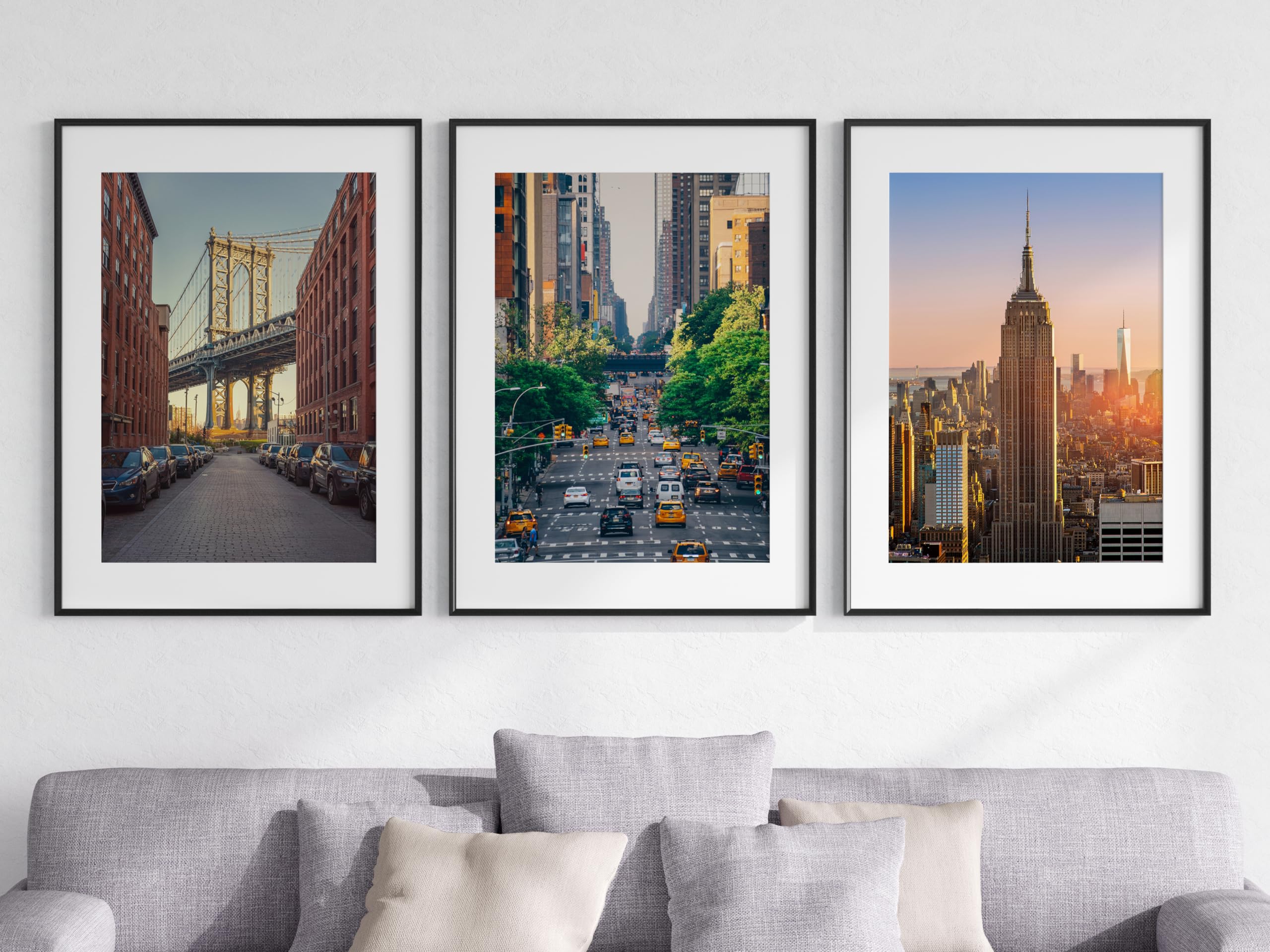 Eviepops Prints New York Landscape Set of 3 Unframed Poster Prints, Photographic City Wall Art, Home Décor, Manhattan Bridge, Yellow Taxis, Empire State Building, Urban Jungle (A3)