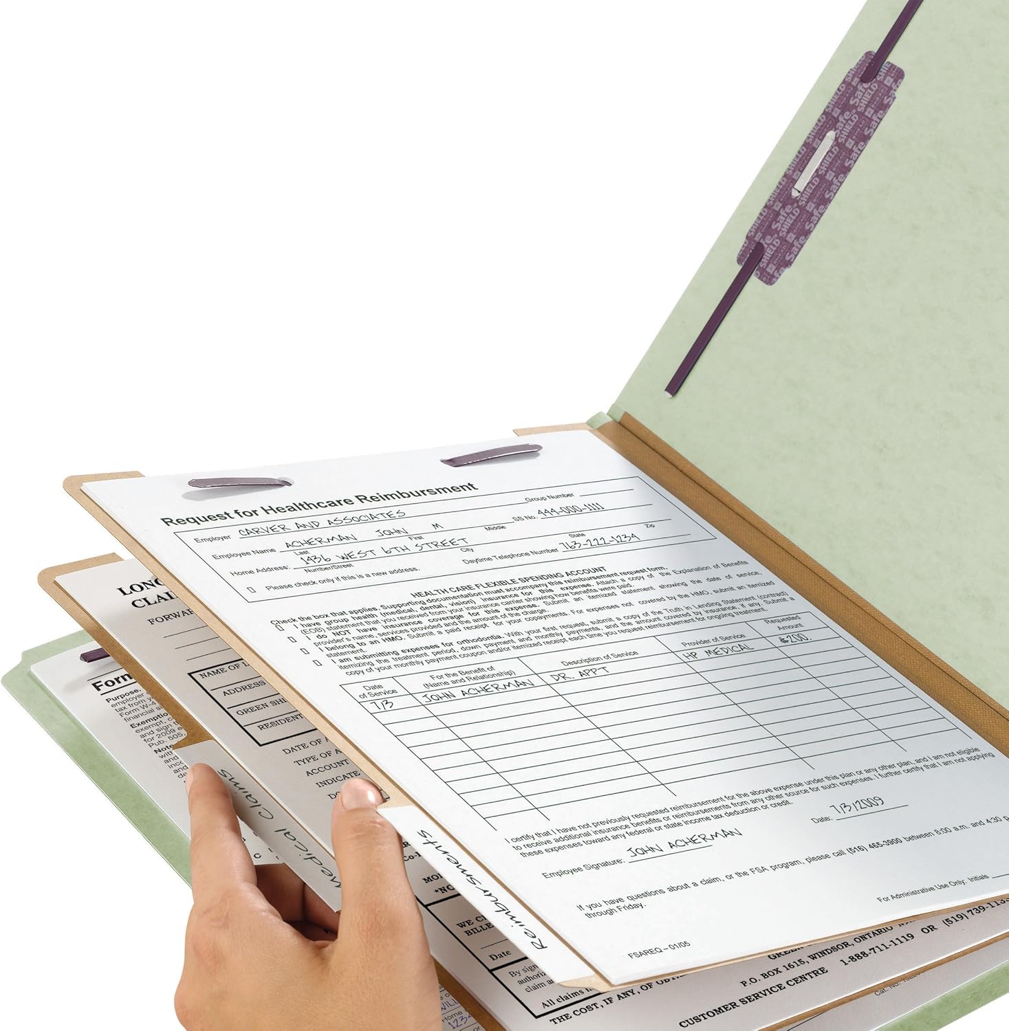 Smead Pressboard Classification File Folder with SafeSHIELD Fasteners, 2 Dividers, 2" Expansion, Letter Size, Gray/Green, 20 per Box (14074) : Office Products