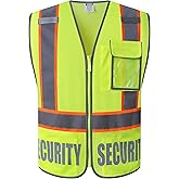 HATAUNKI Security Vest for Men Women Reflective Safety Vest with 5 Pockets and Front Zipper Mesh High Visibility Vest Meets ANSI/ISEA 107-2015 Standards (Yellow-22, Large)