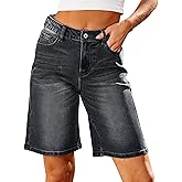 luvamia Bermuda Jean Shorts for Women High Waisted Trendy Stretchy Denim Shorts Knee Length Cutoff Loose Fit Long Shorts
