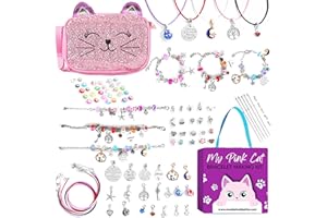 MODDA Charm Bracelet Making Kit - Girls 80 Pcs DIY Beaded Jewelry Making Kit, Gifts for Girls Toys Crafts for Teen Girls Ages 5 6 7 8-12, with a Cute Cat Design Soulder Bag