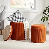 Round Ottoman with Storage Set of 2,Vanity Stool with Storage for Bedroom, Ottoman Coffee Table,Small Velvet Foot Stool for Living Room, Orange