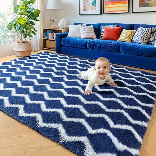 5x8 Rugs for Bedroom Living Room, Fluffy Shag Striped Fuzzy Washable Area Rug, Soft Shaggy Carpet Geometric Rugs for Boys Kids Boys Room Teens Dorm Playroom Decor, Navy Blue and White