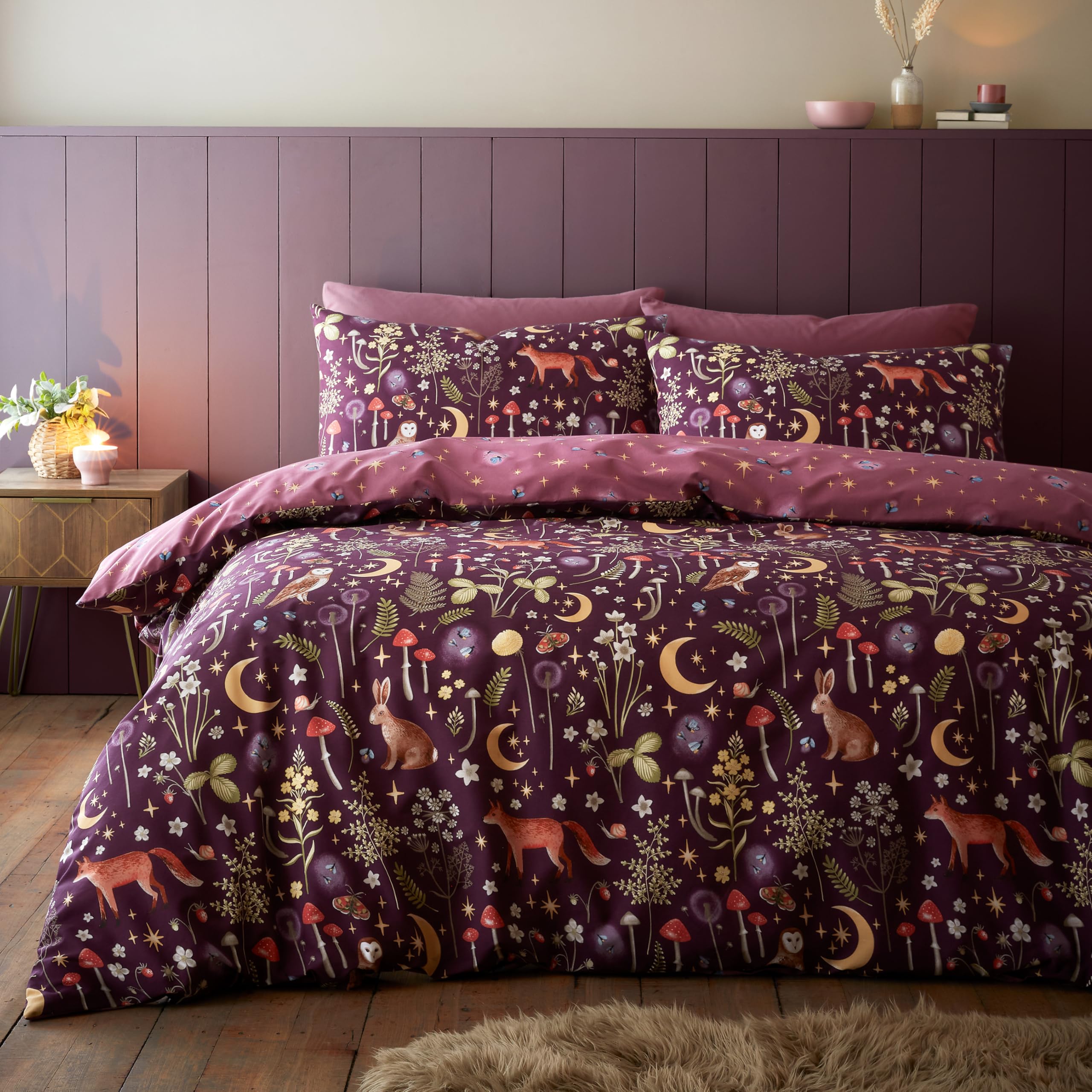 Catherine Lansfield Enchanted Twilight Reversible Single Duvet Cover Set with Pillowcase Plum