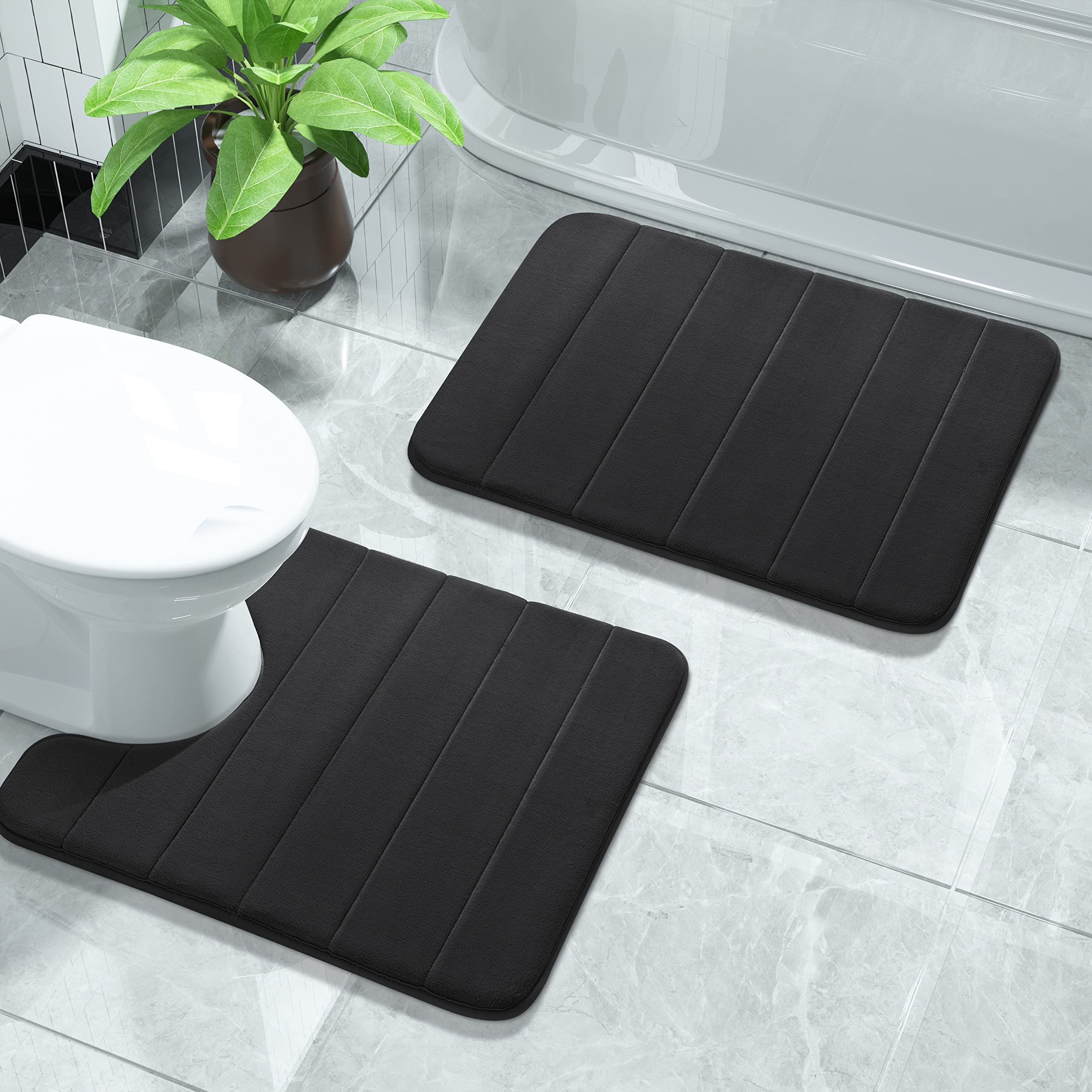 Yimobra Memory Foam Bath Mat Set, 2 Piece Soft Bathroom Rugs, 43x61 cm and 61x52 cm U-Shaped Rugs, Toilet Mat, Water Absorption, Non Slip, Thick, Dry Fast for Bathroom Floor Mat, Black — image 1