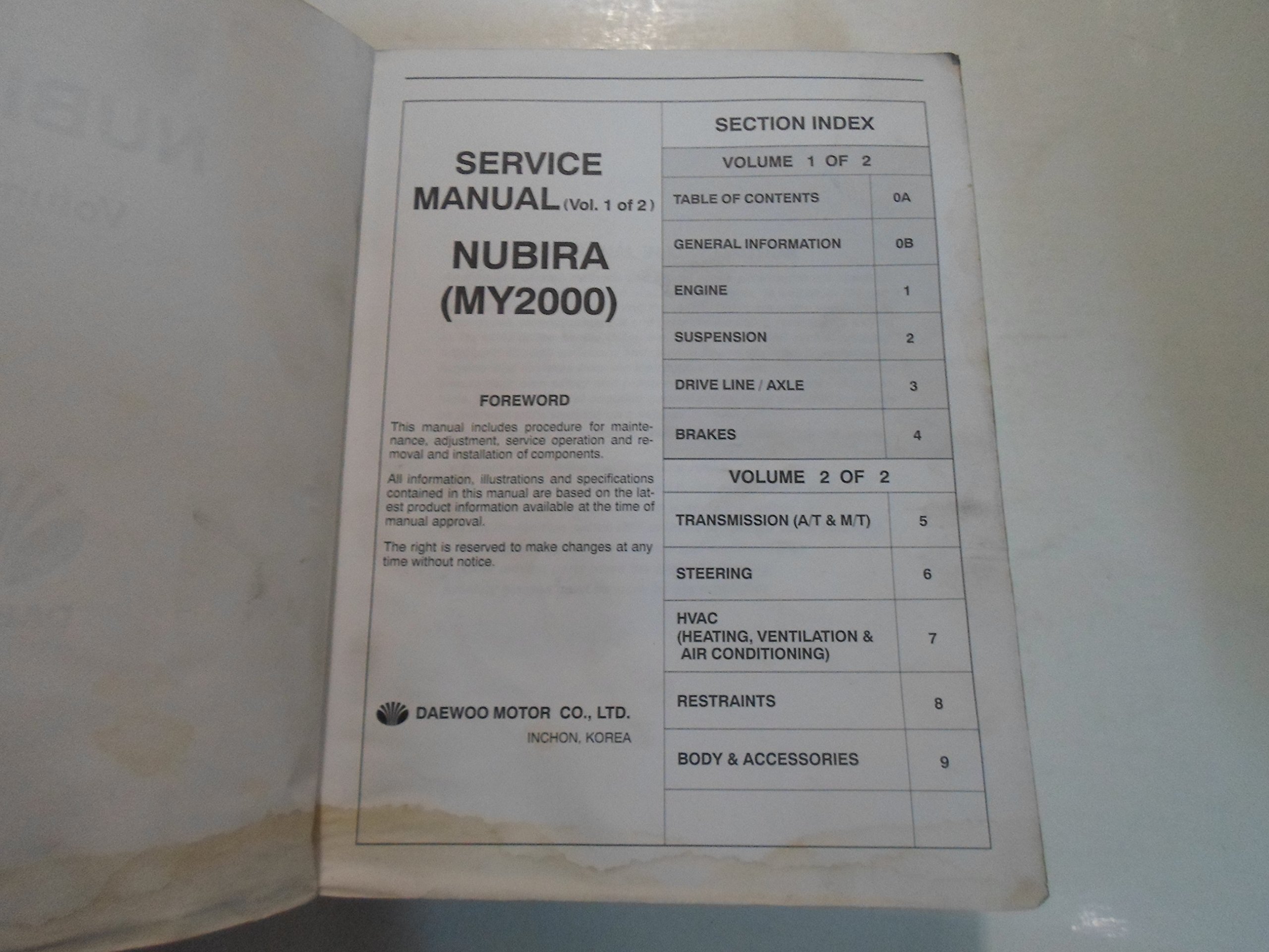 2000 DAEWOO Nubira Service Repair Shop Manual Volume 1 of 2 WATER DAMAGED:  DAEWOO: Amazon.com: Books