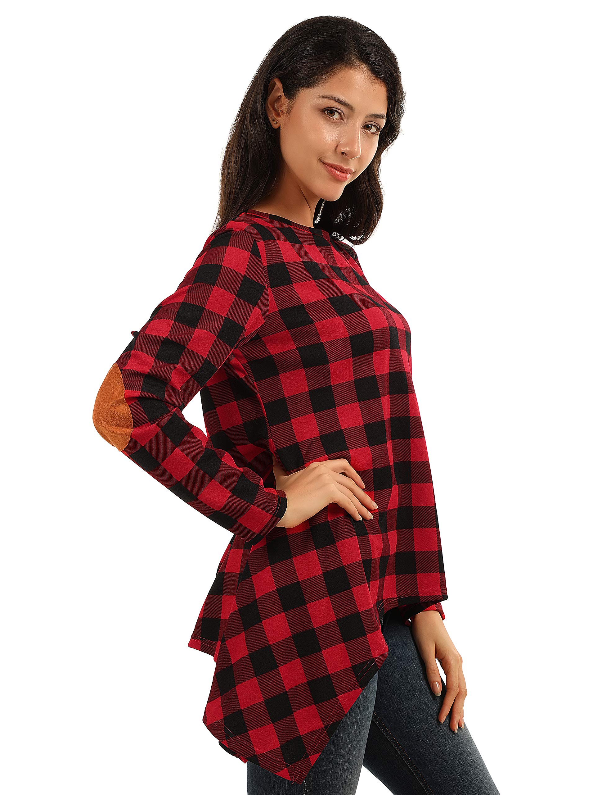 Blooming Jelly Womens Checked Plaid Shirt Long Sleeve Elbow Patch Tunic Color Block Casual Knit Top (x-Large, red Plaid)