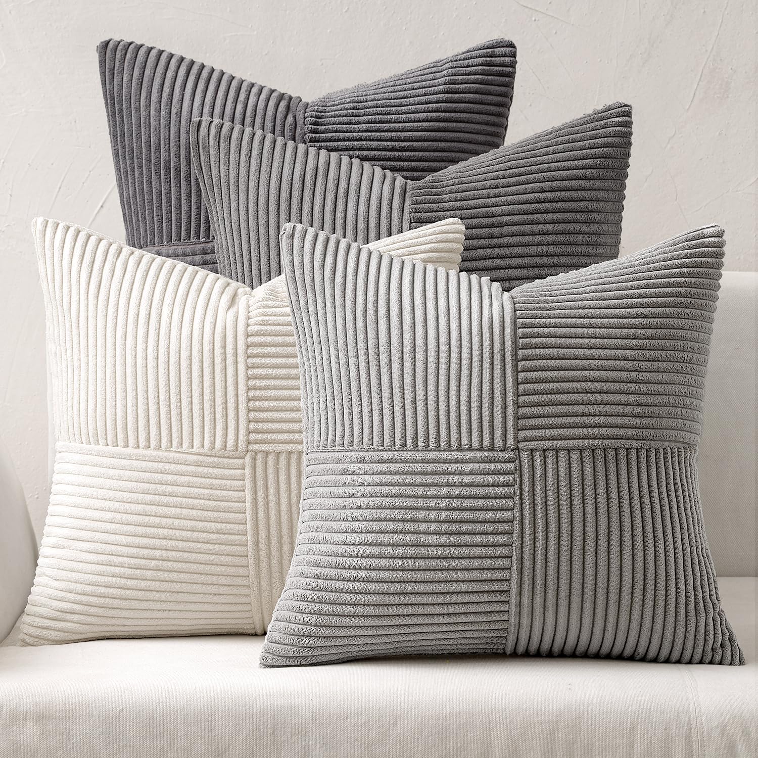 Photo 1 of *SMALL SMIULEE Neutral Grey Decorative Throw Pillow Covers 16x16 Inch Set of 4 Modern Farmhouse Corduroy Cushion Cases Striped Patchwork Pillow Cases for Couch Sofa Bedroom Home Decor