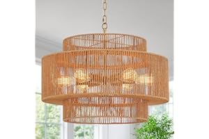 Widluth 23.6" Rattan Chandelier Light Fixture Vintage 6-Lights Boho Hand-Woven Bamboo Chandeliers Retro Farmhouse 3-Tier Drum Wicker Rattan Golden Chandelier for Dining Room, Kitchen, Living Room