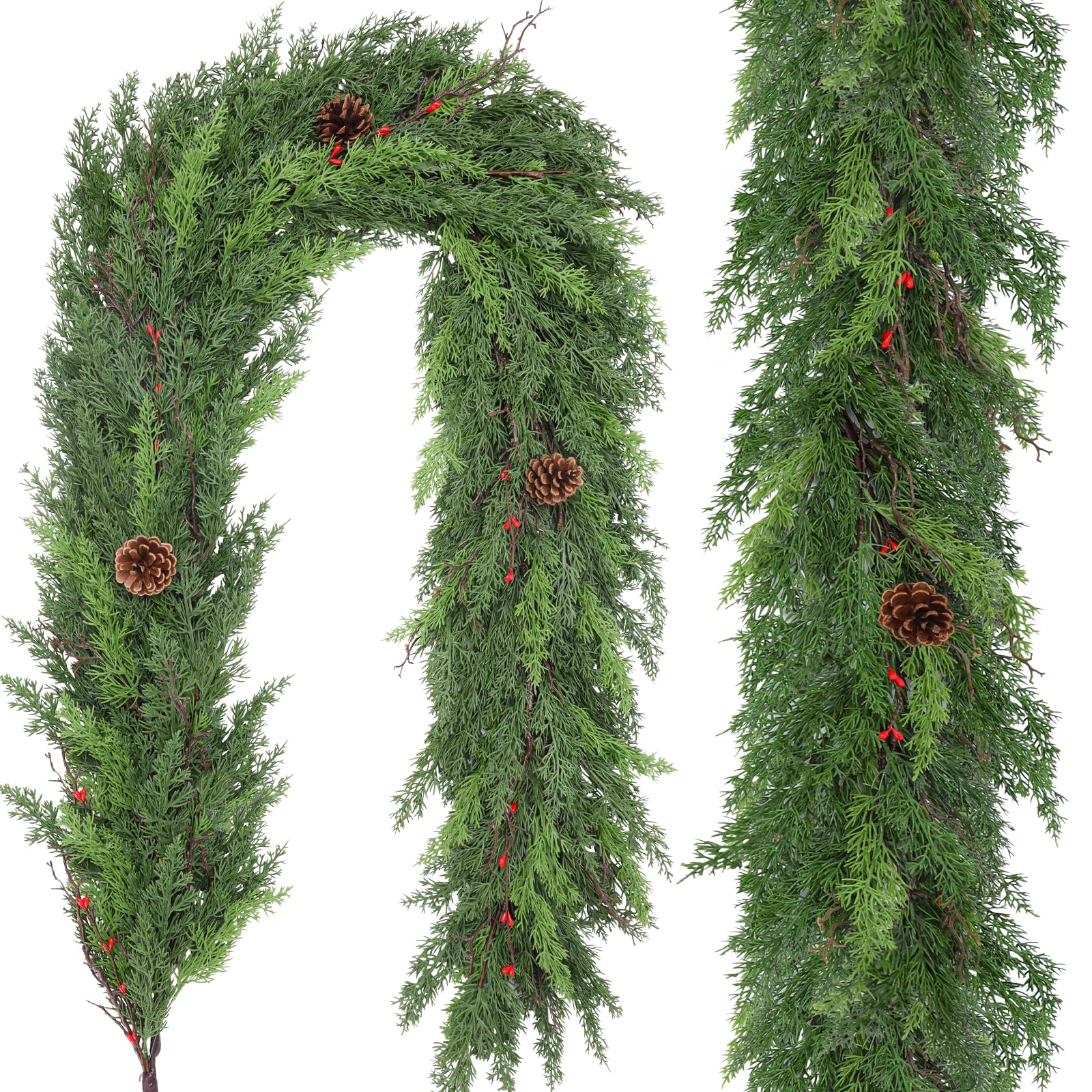 Photo 1 of 1 Pack 6FT Real Touch Christmas Garland with Pine Cone Artificial Realistic Faux Green Cedar Pine Garland,Thick and Lush, Lifelike Cedar Garland for Fireplace Indoor Outdoor Holiday Party Decoration
