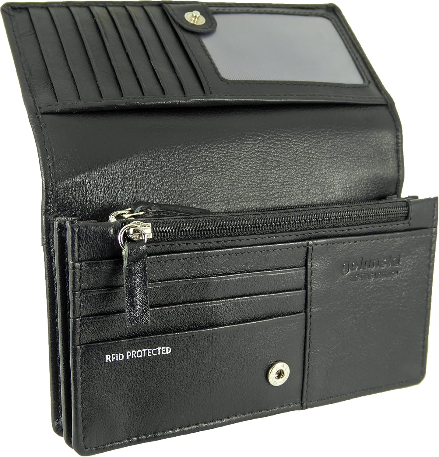 Womens Leather Flapover Matinee Organiser Purse RFID Protection 10 Cards, Notes and Coins (Black)