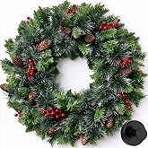 26 Inch Christmas Wreath for Front Door | Comes with suction cup hook, glitter, pinecones and red berries, suitable for indoor, outdoor, wall and window decor