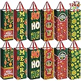 JOYIN 12 PCS Christmas Wine Gift Bags Holiday Wine Bottles Wrap Bags with Handles for Gift Wrap,Winter Holiday Anniversary Engagement Thanksgiving Home Table Decoration (14” x 5” x 4.75”)