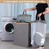 iEGrow 150L 2-Compartment Laundry Basket with Lid and Bamboo Handle Grey view 3