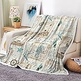 Nautical Coastal Throw Blanket, Ocean Lighthouse Beach Themed Super Soft Flannel Throw Blanket, Starfish and Seashells Vintage Beige Sea Couch Sofa Bed Camping Travel Picnic Outdoor Blanket, 50X60IN