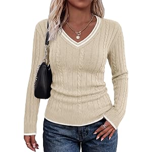 WIHOLL Sweaters for Women Early Fall Fashion Must Haves 2026 Winter Clothing Long Sleeve Tops V Neck Color Block Slim Fit
