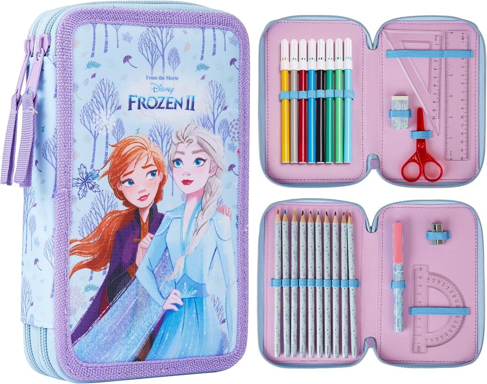 Disney Frozen Pencil Case Set with Colouring Pencils Markers 2 Zip Bk