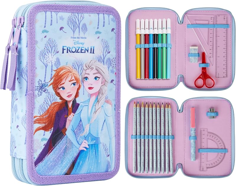 Disney Frozen Pencil Case Set with Colouring Pencils Markers 2 Zip Bk