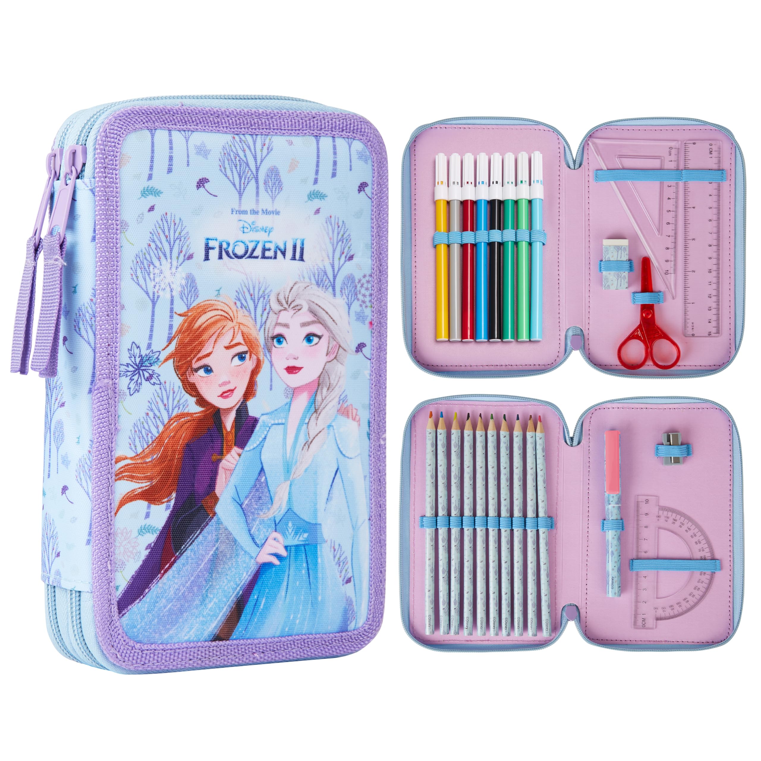 Disney Filled Pencil Case with Stationery for Kids, School Supplies Colouring Pencils, Markers - Gifts for Girls (Blue Frozen Double Zip)
