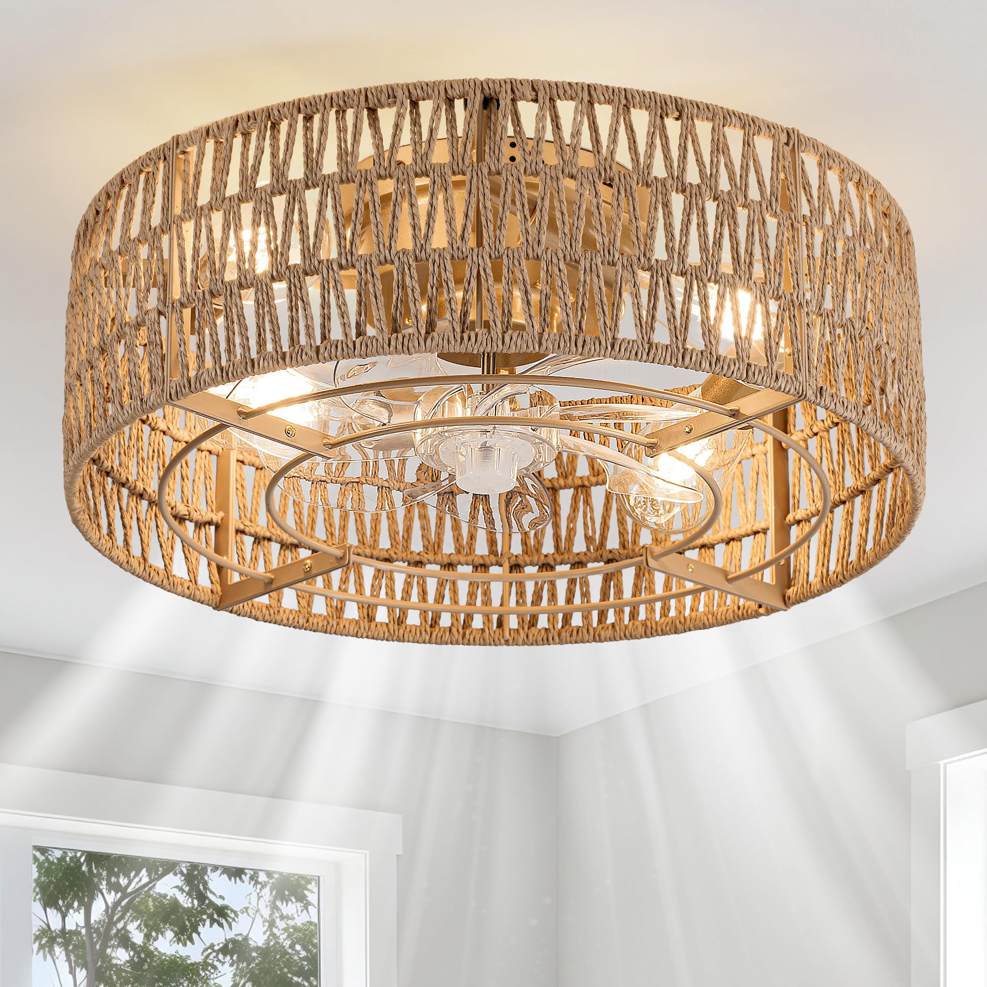 Photo 1 of XYLLIFY Boho Caged Ceiling Fans with Lights Flush Mount, Hand-Woven Rattan Ceiling Fans with Light and Remote Control, Enclosed Timing 6 Speeds Reversible for Living Room Bedroom Dining Room