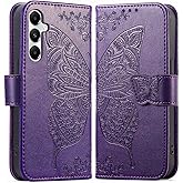 for Samsung Galaxy A16 5G Wallet Case with Card Holder, [Butterfly & Flower Embossed] PU Leather Kickstand for Women and Men Shockproof Case for Samsung A16 5G (Purple)