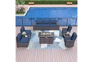 Delnavik Patio Furniture Sectional Sofa Set 10-Pieces PE Rattan Swivel Rocking Chairs Outdoor Furniture Set w/43in Gas Fire Pit Table, Patio Conversation with 55000 BTU Propane Fire Pit, Navy Blue