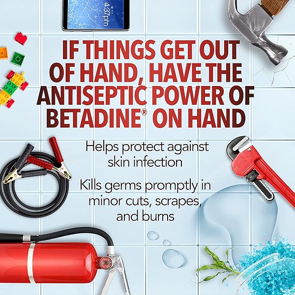 BETADINE ANTISEPTIC FIRST AID SOLUTION, POVIDONE-IODINE 10%, INFECTION PROTECTION, KILLS GERMS IN MINOR CUTS SCRAPES AND BURNS, NO STING PROMISE, NO ALCOHOL OR HYDROGEN PEROXIDE, 8 FL OZ