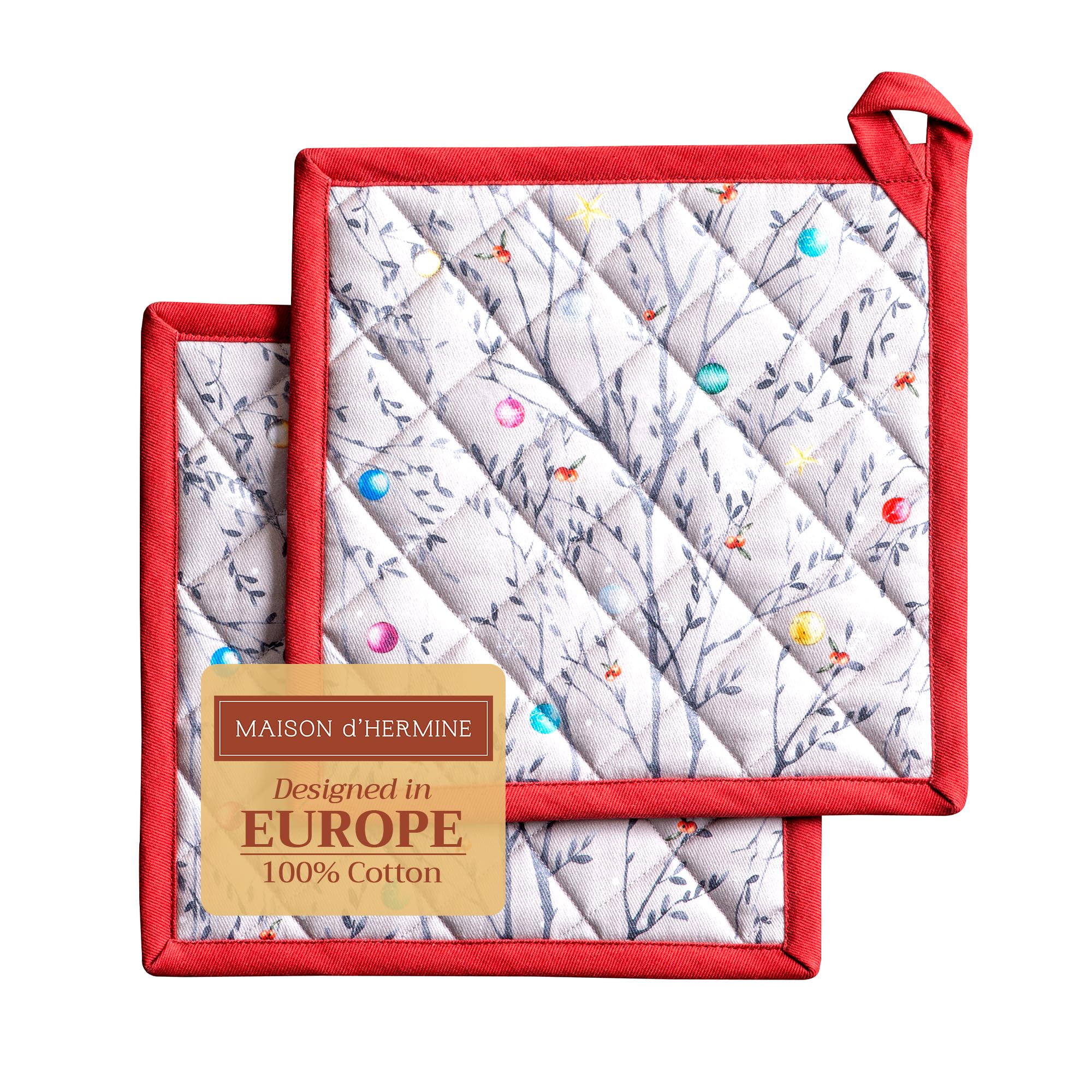 Maison d' Hermine Pot Holders Set 100% Cotton Heat Resistant Potholders 20 cm x 20 cm Hot Pads with Loop for Christmas Decorations BBQ Cooking Baking Handling Hot Pans (Pack of 2, Fairy Christmas)