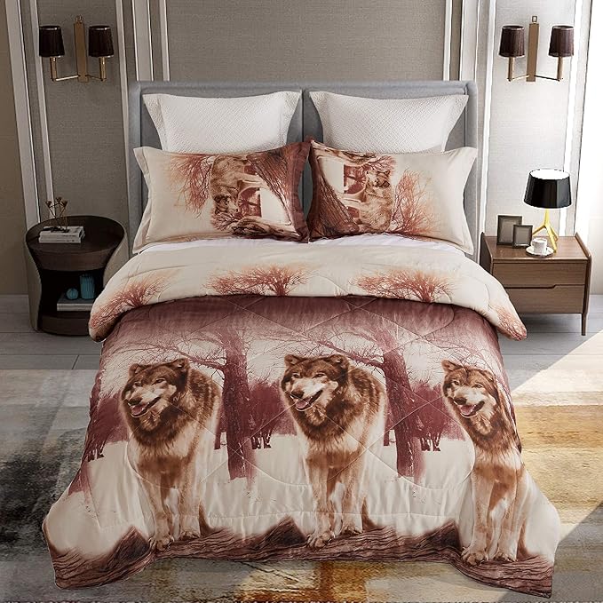 DECMAY 3D Wolf Bedding Twin Wolf Comforter Set for Kids Cool Bedroom Decor Bed Set