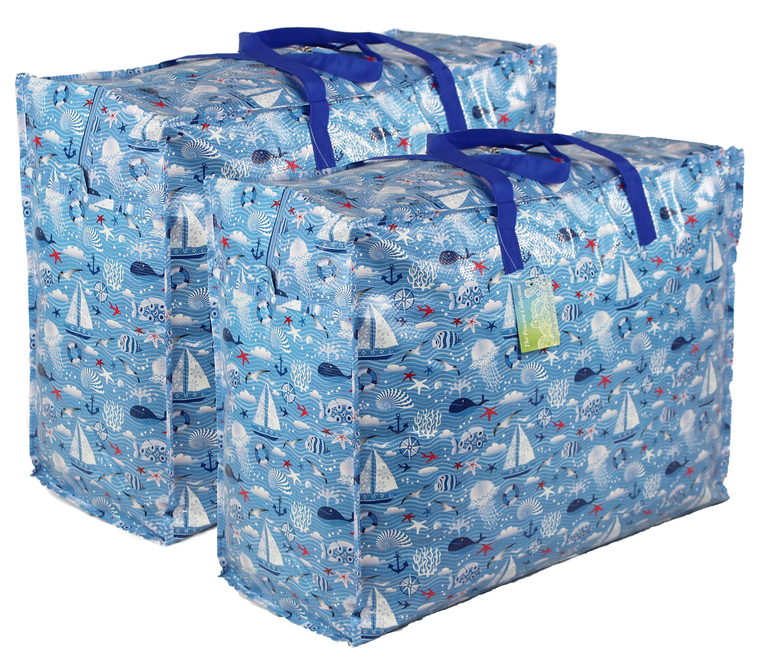 Storage Bags Water & Dust Resistant. Double zipped storage bags for toys, laundry, bedding. Underbed Wardrobe Space Saver Blue Seaside print (65 ltr 2x Pack)