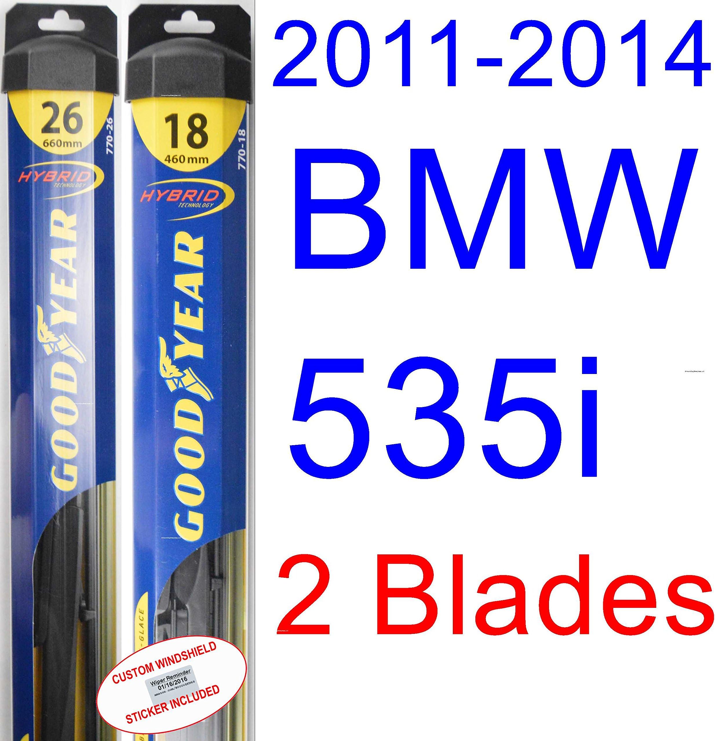 Hybrid - Windshield Wiper Blade Bundle - 3 Items: Driver & Passenger Blades & Reminder Sticker fits 2011-2014 BMW 535i