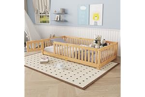 Bellemave Twin Floor Bed with Slats and Center Support Bar, Montessori Bed with Fence and Door, Kids Wood Bed, Natural