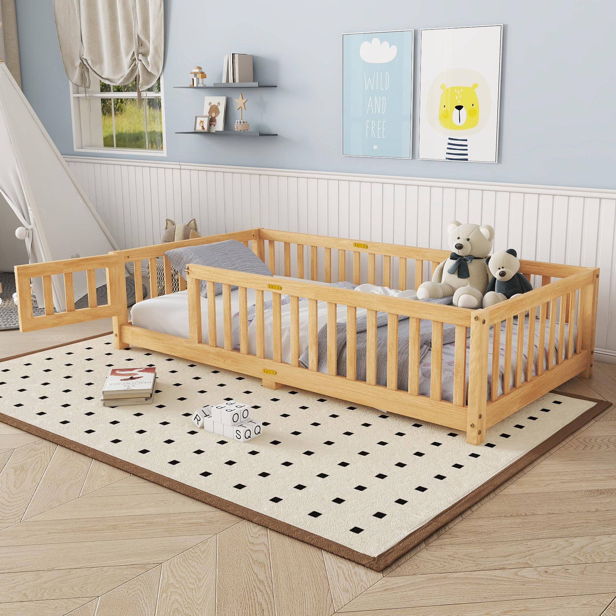 Photo 1 of ***MISSING PARTS***
***STOCK PHOTO FOR REFERENCE ONLY***Bellemave Twin Floor Bed with Slats and Center Support Bar, Montessori Bed with Fence and Door, Kids Wood Bed, Natural