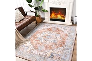 ST. BRIDGE Soft Area Rug 4x6, Washable Vintage Rug for Bedroom Living Room, Non-Slip Low Pile Colorful Accent Rug, Indoor Floor Carpet for Dining Room Office Playroom Nursery Home Decor, Brick/Blue