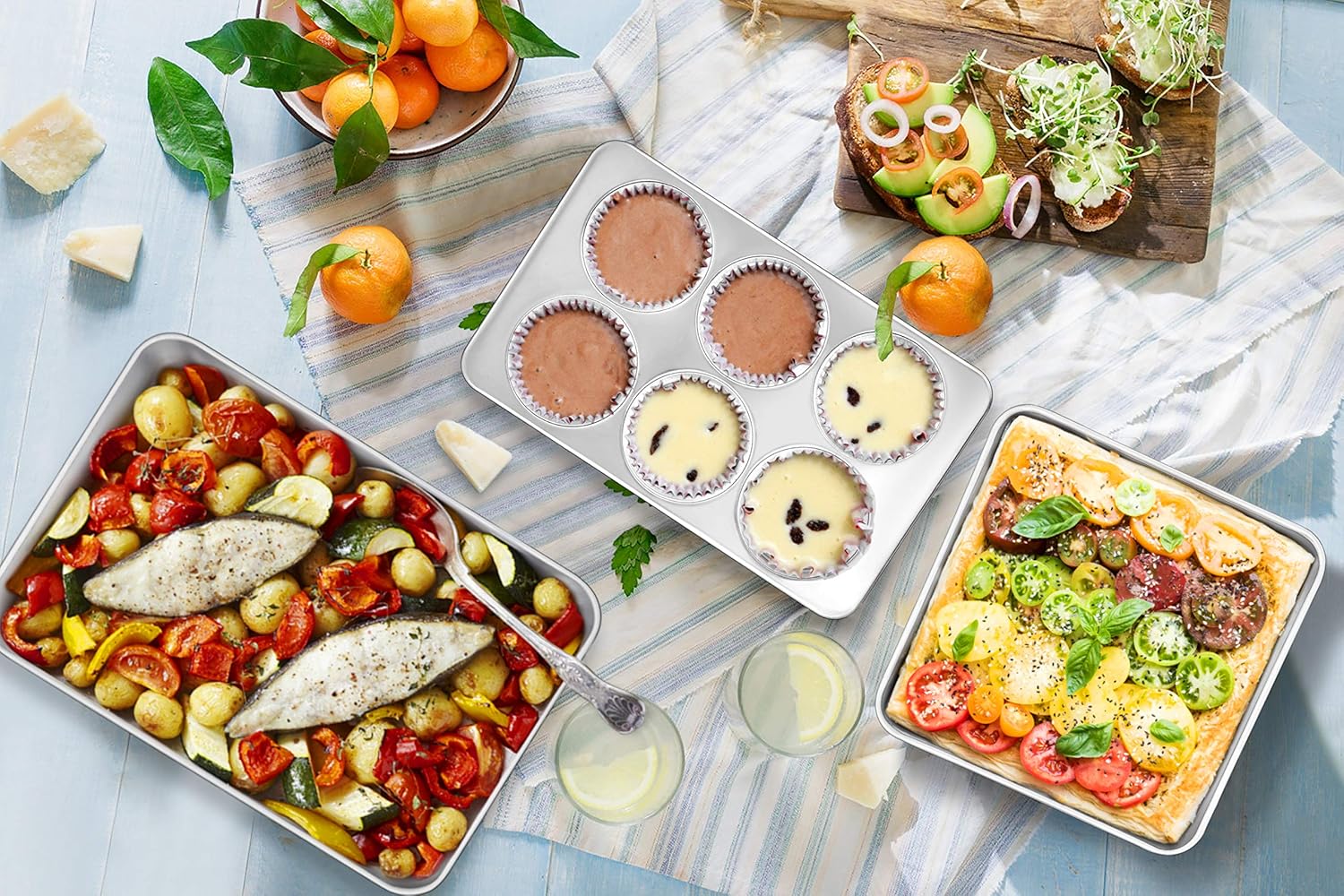 TeamFar Stainless Steel Bakeware Set of 8, Baking Roasting Toaster Oven Pans, Lasagna/Square/Round Cake Pan, Loaf Pan & Muffin Pan, Non-Toxic & Durable, Smooth & Dishwasher Safe: Kitchen & Dining