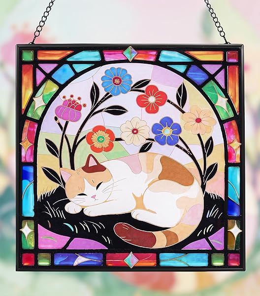 CAT STAINED GLASS WINDOW HANGING, 7.9″ SQUARE SUNCATCHER...