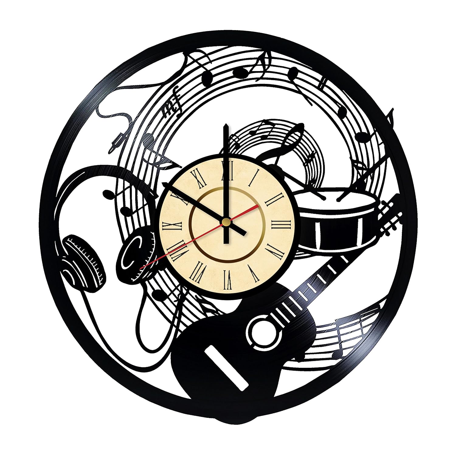 Music Time Vinyl Wall Clock, Guitar Home Decor, Musical Notes Vinyl