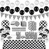 BeYumi 127Pack Race Car Checkered Party Supplies Decoration Kit, Including Banner Pennant Balloons Tablecloth Tableware Goodies Gift Bags, Black and White Party Decorations Pack, Serves 20 Guests