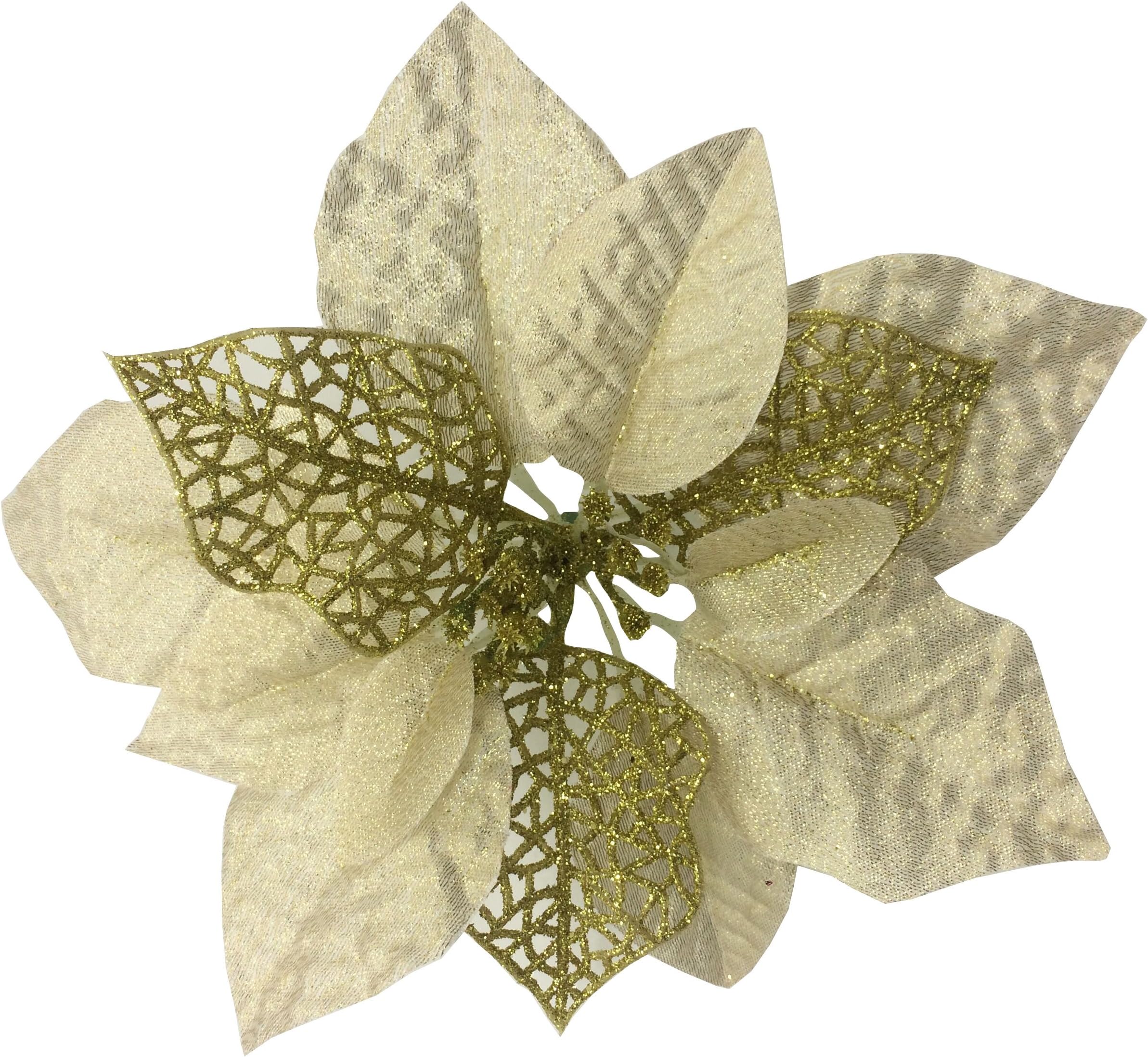 Zabrina 12 Pcs 7.8" Christmas Tree Decorative Silk Flower Gold Poinsettia Bush Poinsettia Christmas Tree Artificial Flowers Glitter Poinsettia Christmas Tree Ornaments Xmas Tree Flowers, Gold