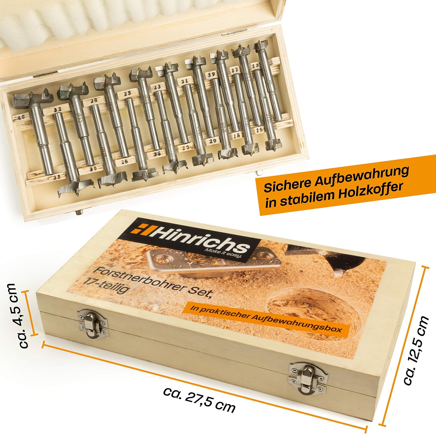 Hinrichs Forstner Bits Set 17 Pieces in wooden case, Forstner Drill Bit Set 15mm to 40mm, Wood drills, Forstner - Image 3