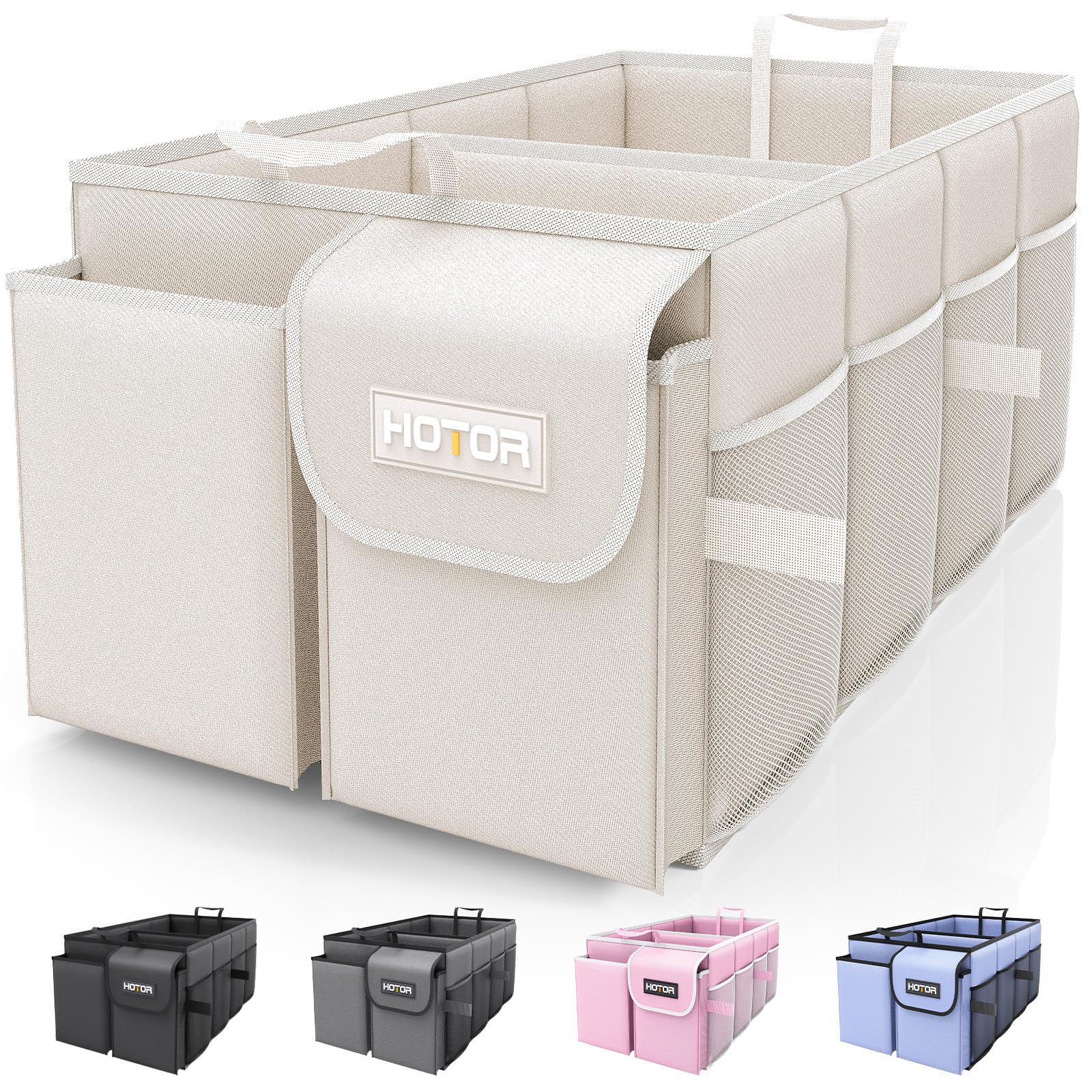 Photo 1 of HOTOR Trunk Organizer - Foldable Car Storage for SUVs & Sedans, Sturdy Organization for Accessories, Tools, Sundries, Beige, 2 Compartments, 21.3"12.6"10.6"