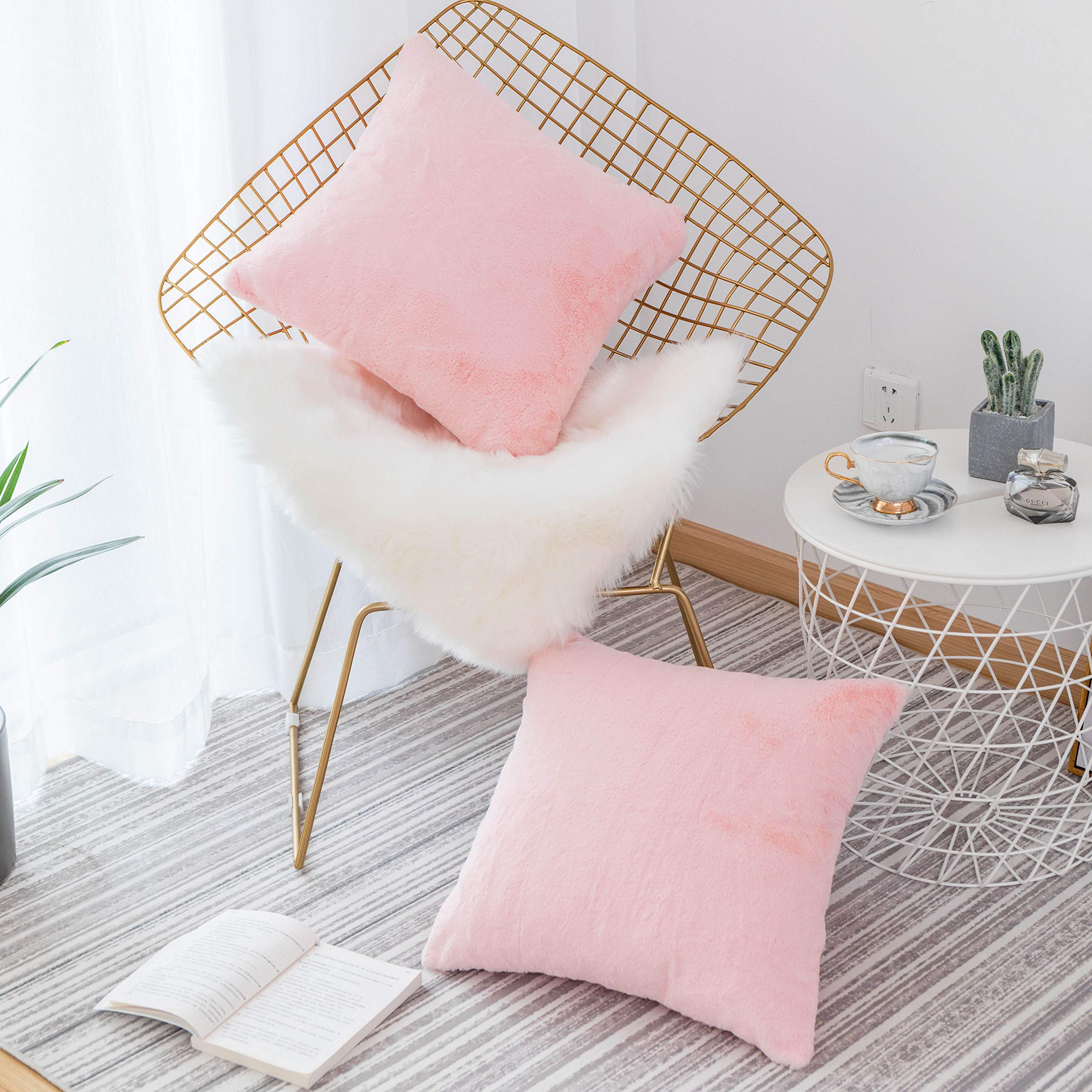 Home Brilliant Pink Fur Cushion Covers 18x18, Lovely Gifts for Mom Girls Wedding Decor for Sofa Bed Couch, Set of 2, (45 x 45cm, Pink)