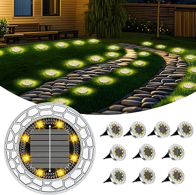 10 Piece Lampe Solaire Exterieur, 8 LED Lumiere Solaire Exterieur, Stainless Steel LED Lampe Solaire Exterieur Jardin, for Lawn, Driveway, Sidewalk, Patio, Blanc Chaud