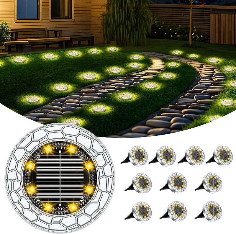 10 Piece Lampe Solaire Exterieur, 8 LED Lumiere Solaire Exterieur, Stainless Steel LED Lampe Solaire Exterieur Jardin, for Lawn, Driveway, Sidewalk, Patio, Blanc Chaud