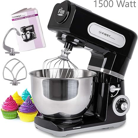 1500W Knetmaschine mit 6 L Edelstahl-Rührschüssel | Planetenrührwerk | Edelstahl-Schneebesen | spülmaschinenfeste Aufsätze | 